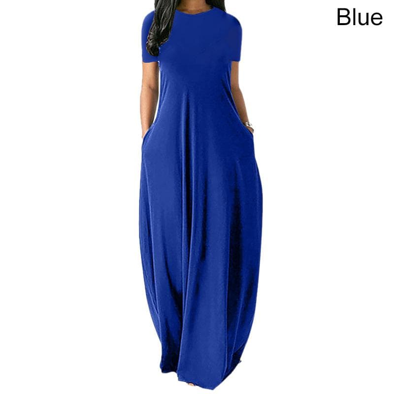 Women Casual Loose O-Neck Long Dresses Short Sleeve Summer Beach Dress Elegant Evening Party Dress S blue
