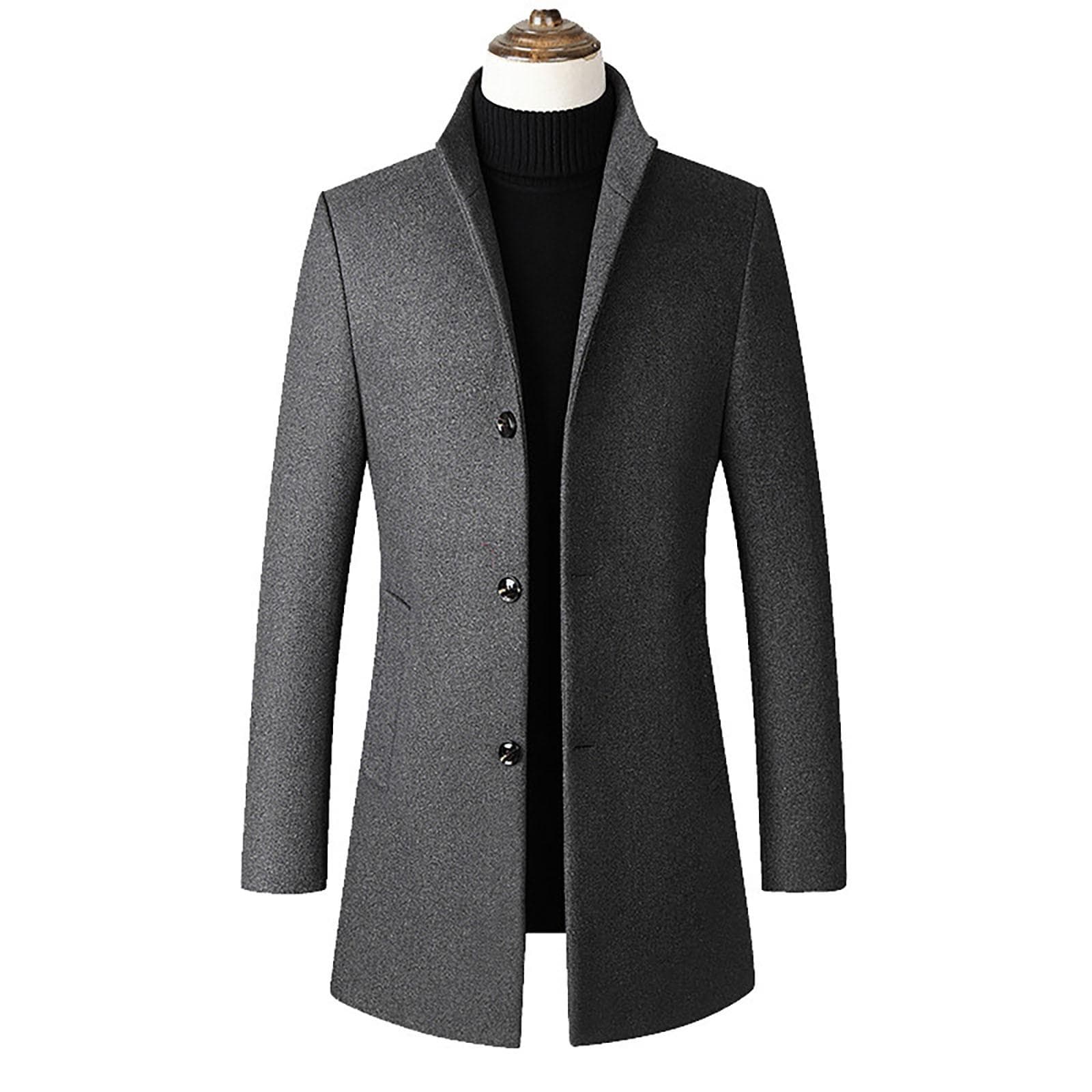 Men Mid Length Slim Fit Woolen Coat With Stand Collar Solid Color Woolen Coat XL gray