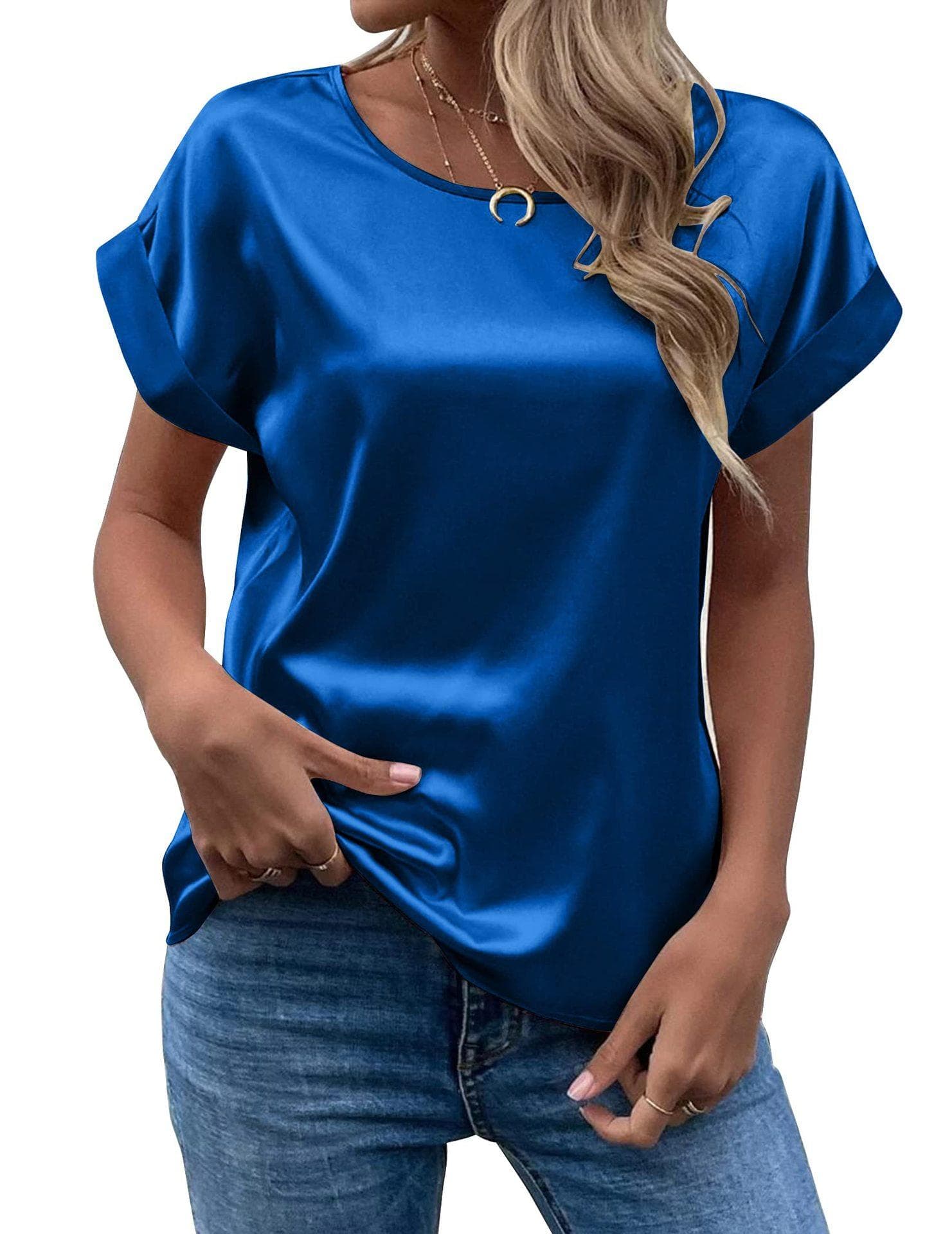 New Women's Short Sleeve Satin Shirt Loose Casual Round Neck Colored Ding T-shirt Women Spring and Summer XXL blue