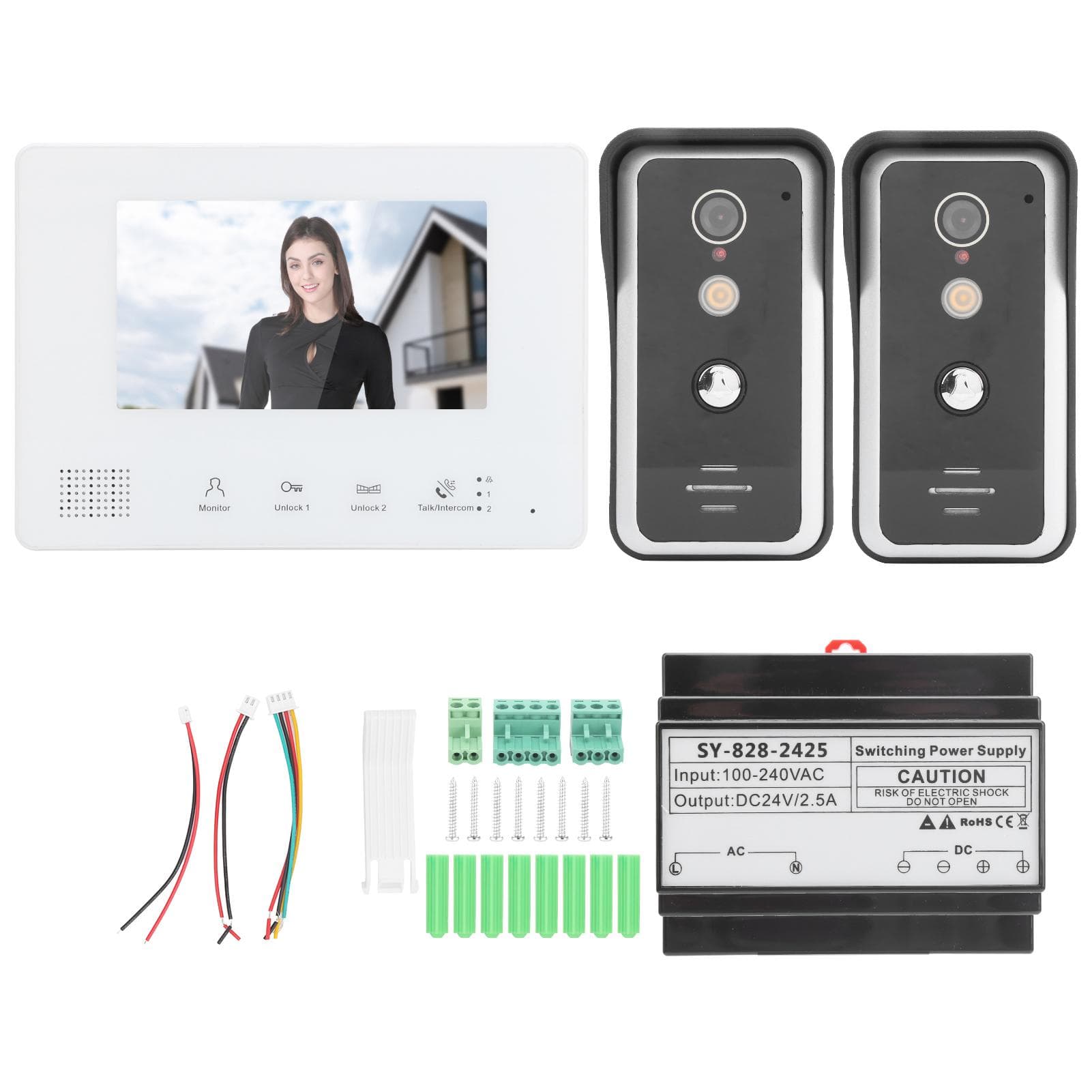 2?Wire System Video Door Phone 7in Monitor 2 Cameras High Definition Night Vision Home Intercom