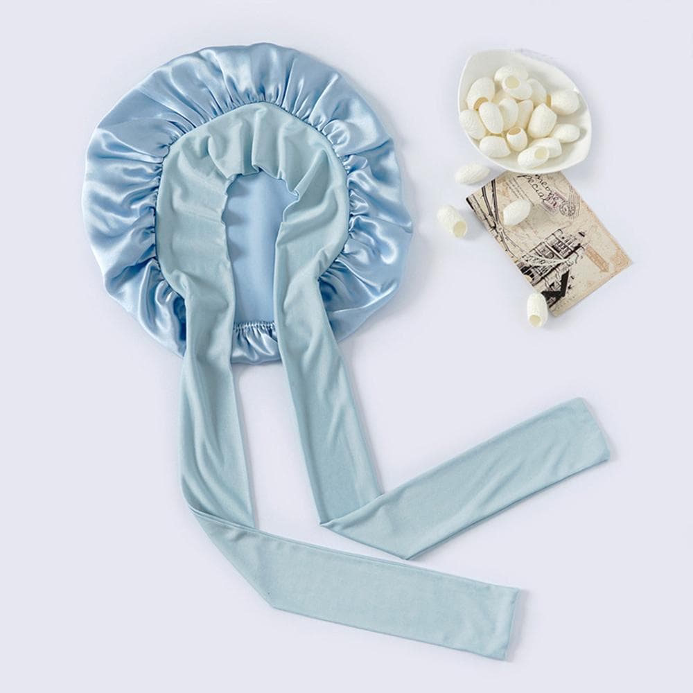 100% Mulberry Silk Sleeping Bonnet for Women Large Sleep Cap with Wide Elastic Tie Band for Curly Dreadlock Braid Hair Care blue