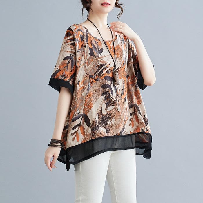 Cotton and Linen Large-size Women's Summer New Style Literary Print Loose Meat Cover Casual Versatile Round Neck Short-sleeved T-shirt Top 4XL