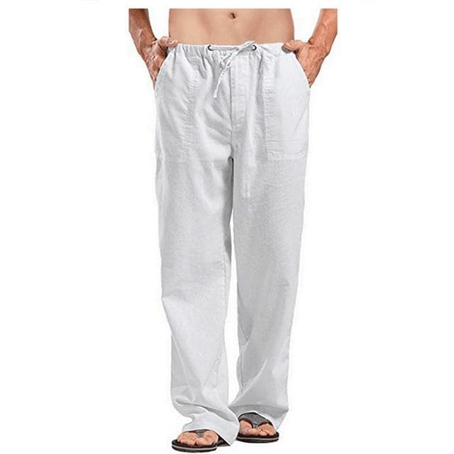 Summer Solid Color Breathable Linen Trousers Men's Cotton Linen Pants XXL white