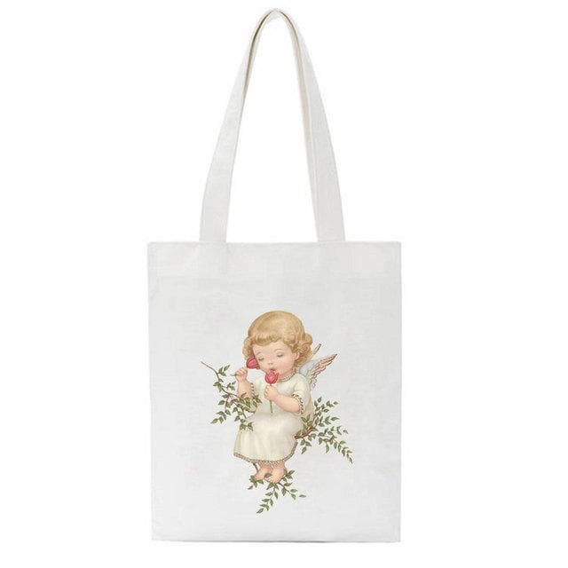 Fiorucci Letter Angel Cartoon Casual Vintage Large-capacity Fashion Harajuku Canvas Bag Hip Hop Shopping Bag Women Shoulder Bags 31*36cm
