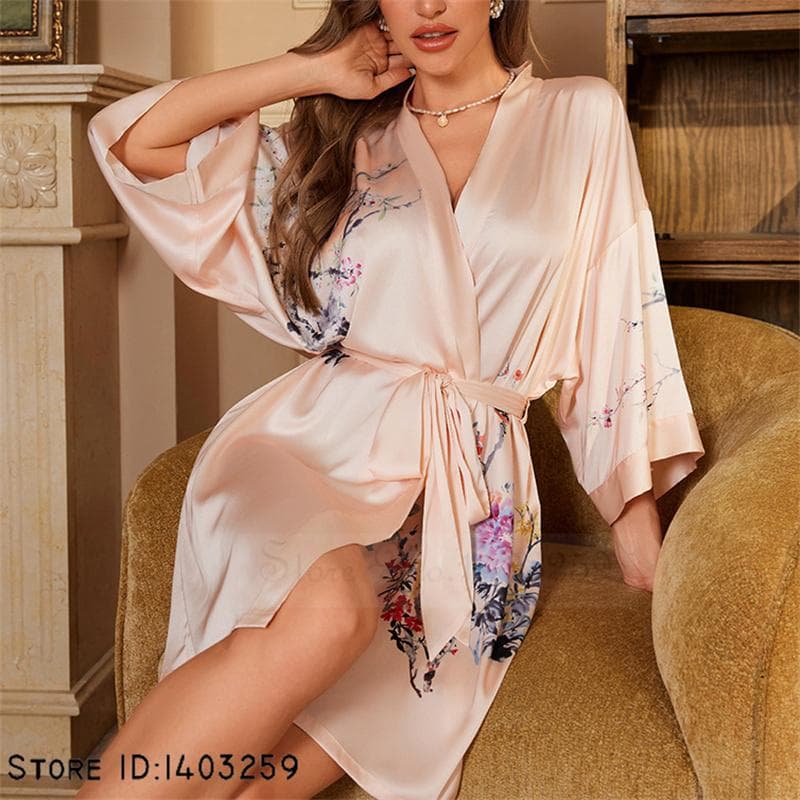 Plus Size Sexy Women Robe Sleepwear Silky Satin Kimono Bathrobe Gown Yukata Chinese Style Print Branch Nightgown Casual Homewear One Size