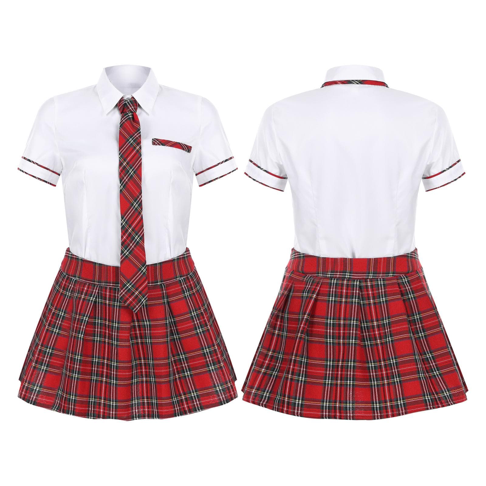 Women School Uniform Cosplay Set Short Sleeve Shirt with Plaid Skirt Costume XL red