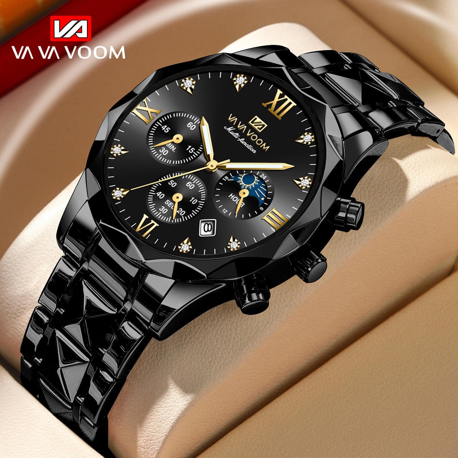 VA VA VOOM Quartz Watch Men Top Brand High Quality Stainless Steel 30M Waterproof Luminous Date Week Sports Business Wristwatches gold/black