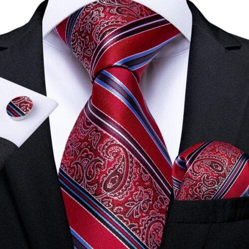 DiBanGu Red Blue Gold Gray Mens Silk Stripped Woven Tie Necktie Hanky Cufflinks N-7343