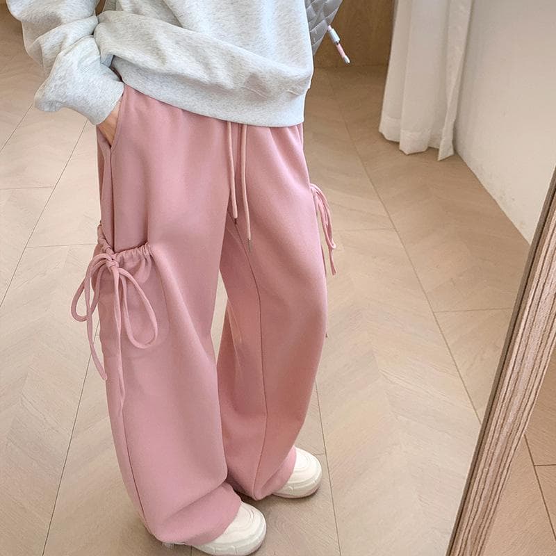 Grey Sports Pants for Women, Winter High Waisted, Loose Lace Up, Bow Straight Leg Pants, Casual Wide Leg Pants XL pink