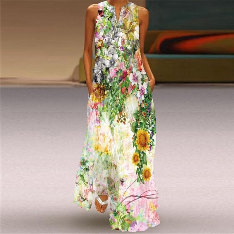 Summer Women's Dress Sleeveless Dress V-neck Print Dress S