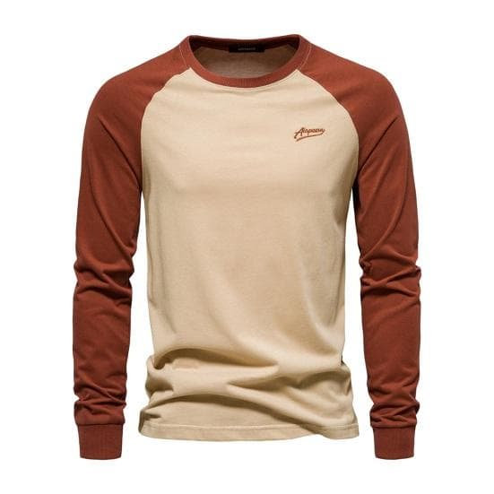 Men Raglan Long Sleeve T-shirt O-Neck Patchwork Color Pullover Tops Loose Fit Elastic Cuffs Breathable Casual Tops L brown