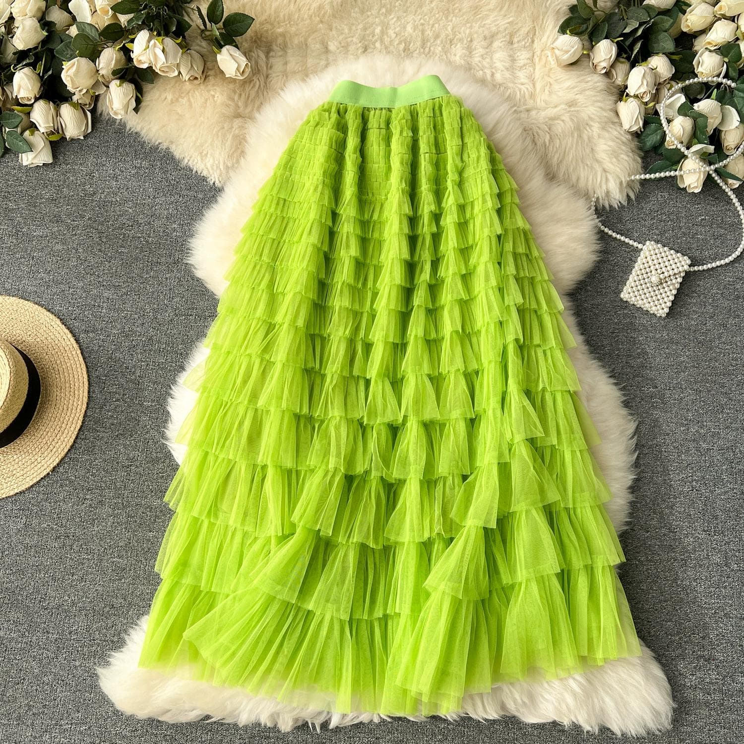 Summer Women Elegant Ruffles Mesh Elstic Waist Long Midi Cake Skirt One Size fluorescent green