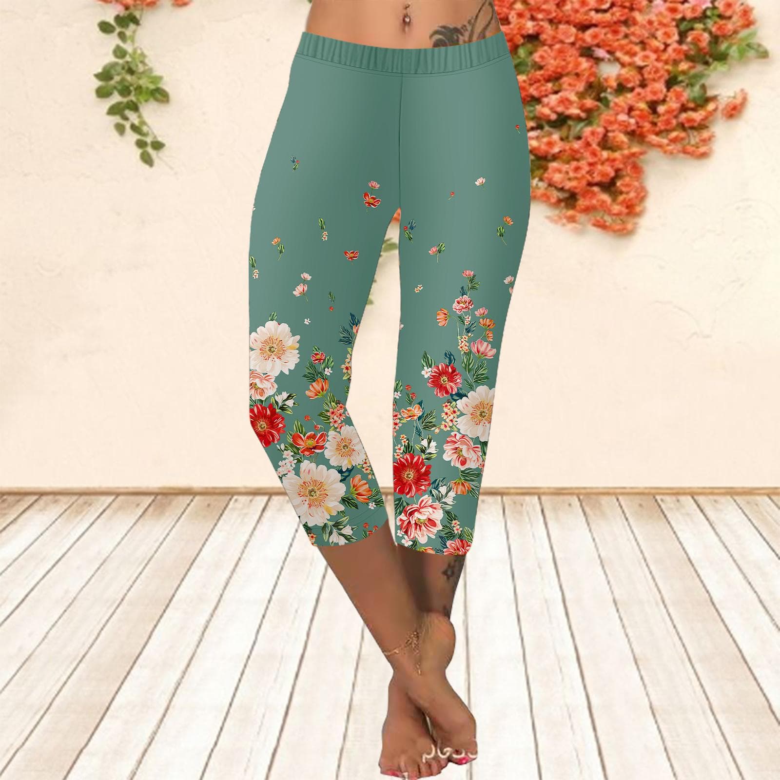 Long Pants, Summer Short Leggings, Short Tight Pants, Plus Size Leggins, Women's Slim Fit, 3D Dark Night Floral Print Pants XL green