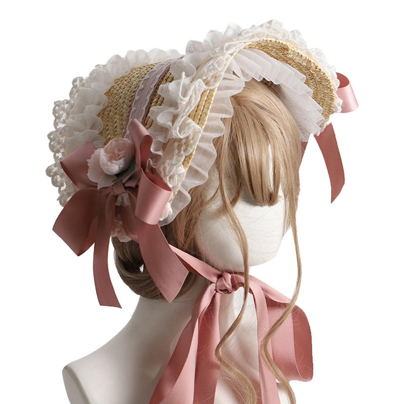 Tea Party Sun Hat Straw Plaited Lace Ribbon Tie Flowers Cute Women s Victorian Sun Hat for Free Size wine red