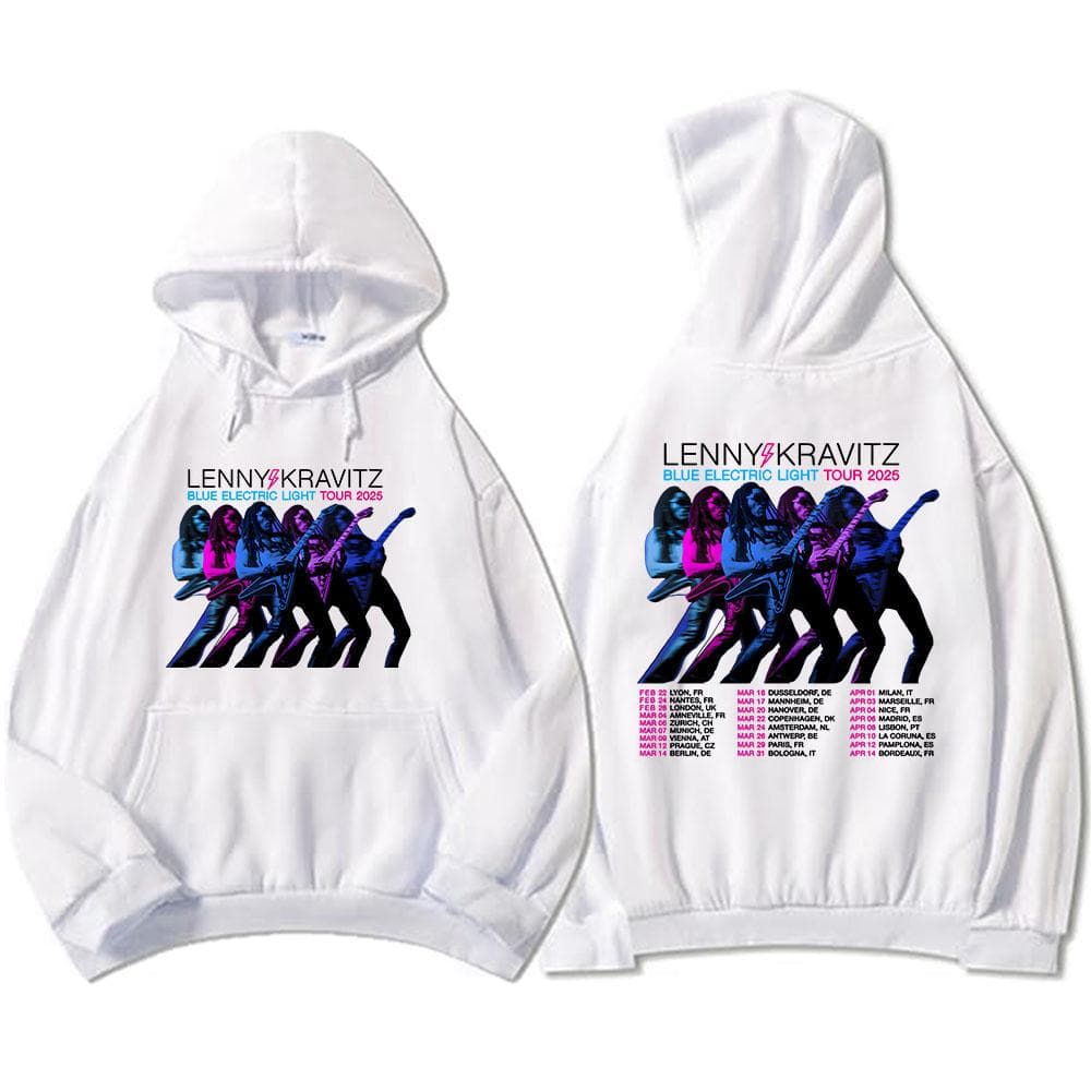 Lenny Kravitz Blue Electric Light Tour 2025 Hoodies Rock Rapper Graphic Print Sweatshirt Heavy Mental Fashion Unisex Streetwear M white