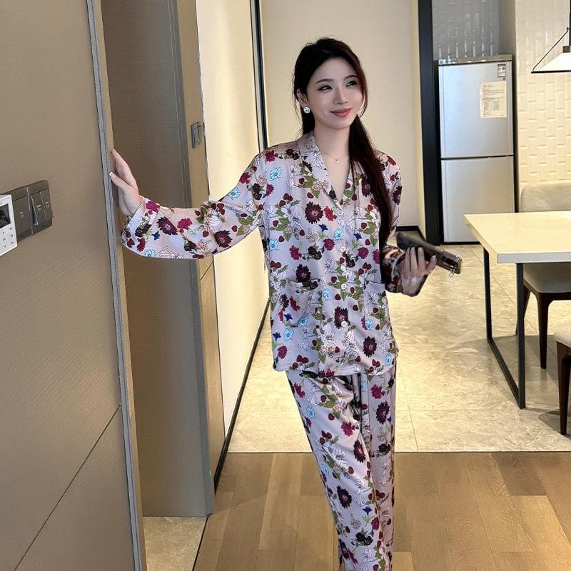 Printed Floral Casual Long-sleeved Pajamas for Women Autumn Comfortable Ice Silk Seasonal Home Pajamas Set XL