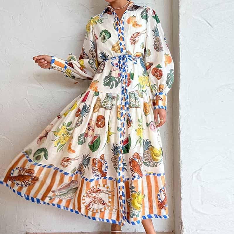 Women's Lantern Sleeve Printed Lapel Waist Long Sleeves Spring Dress for Women 3XL