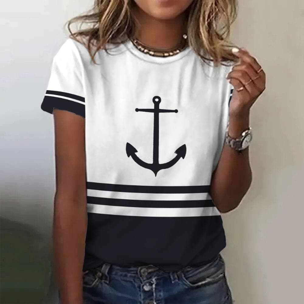 Summer Women T Shirt 3d Print Boat Anchor Print Fashion O Neck Short Sleeve Tees Tops Pullover Women's Casual Loose T-Shirt Y2k Clothing XL