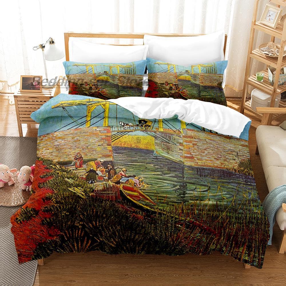 Van Gogh Bedding Set Single Twin Full Queen King Size Bed Set Aldult Kid Bedroom Duvetcover Sets 3D retro classic bed sheet set AU Single(140x210cm)