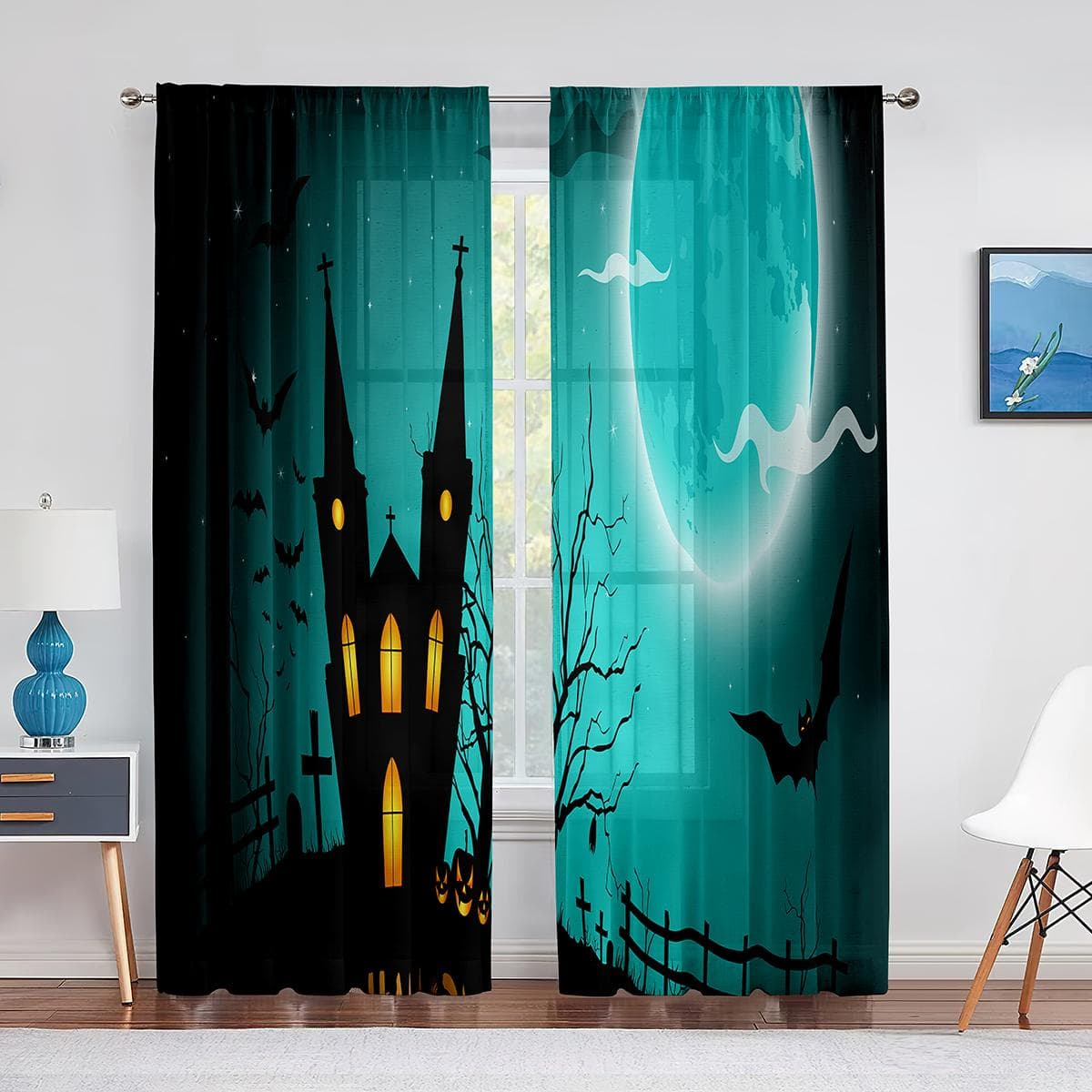 Cartoon Halloween Night Sheer Voile Curtain Horror Forest Castle Pumpkin Window Tulle Curtains for Living Room Bedroom Drapes 1 PCS W100XH250cm&Grommet Top