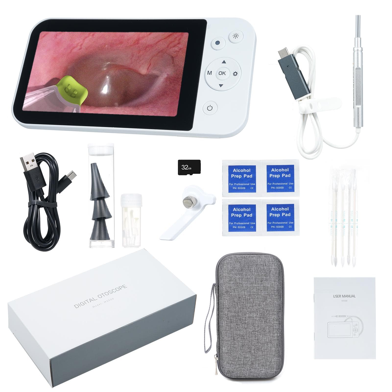 3.9mm Otoscope Camera with 5inch IPS Screen 1080P HD Digital Otoscope Endoscope Intelligent Visual white