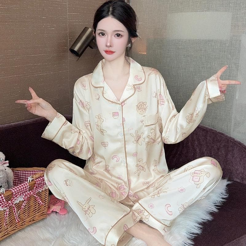 High-End Green Floral Lapel Pajamas Set for Women L (100-115 jin)