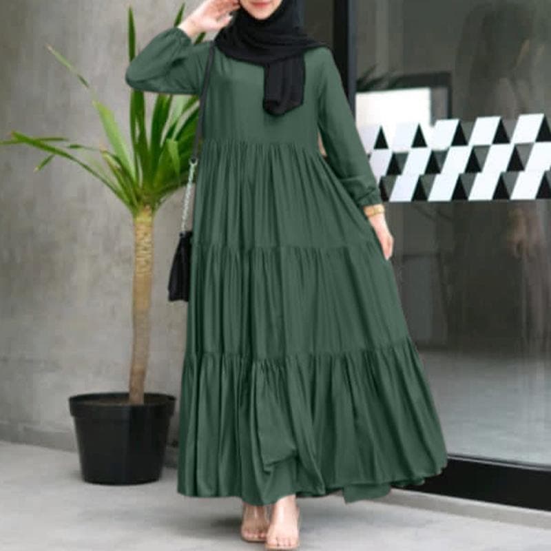 ZANZEA Women Casual O-neck Solid Color Loose Long Sleeve Dress XL green