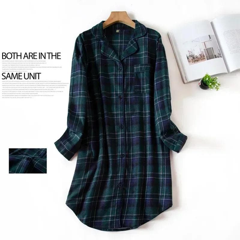 Flannel Cotton Home Nightgown Cardigan Shirt Nightgown Cute Cartoon Plaid Design Pajamas Pajamas for Women L