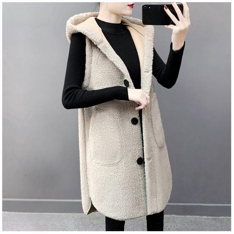 Fashionable Oversized Women's Lamb Wool Vest with Hood and Loose Fit for Autumn Winter XL beige