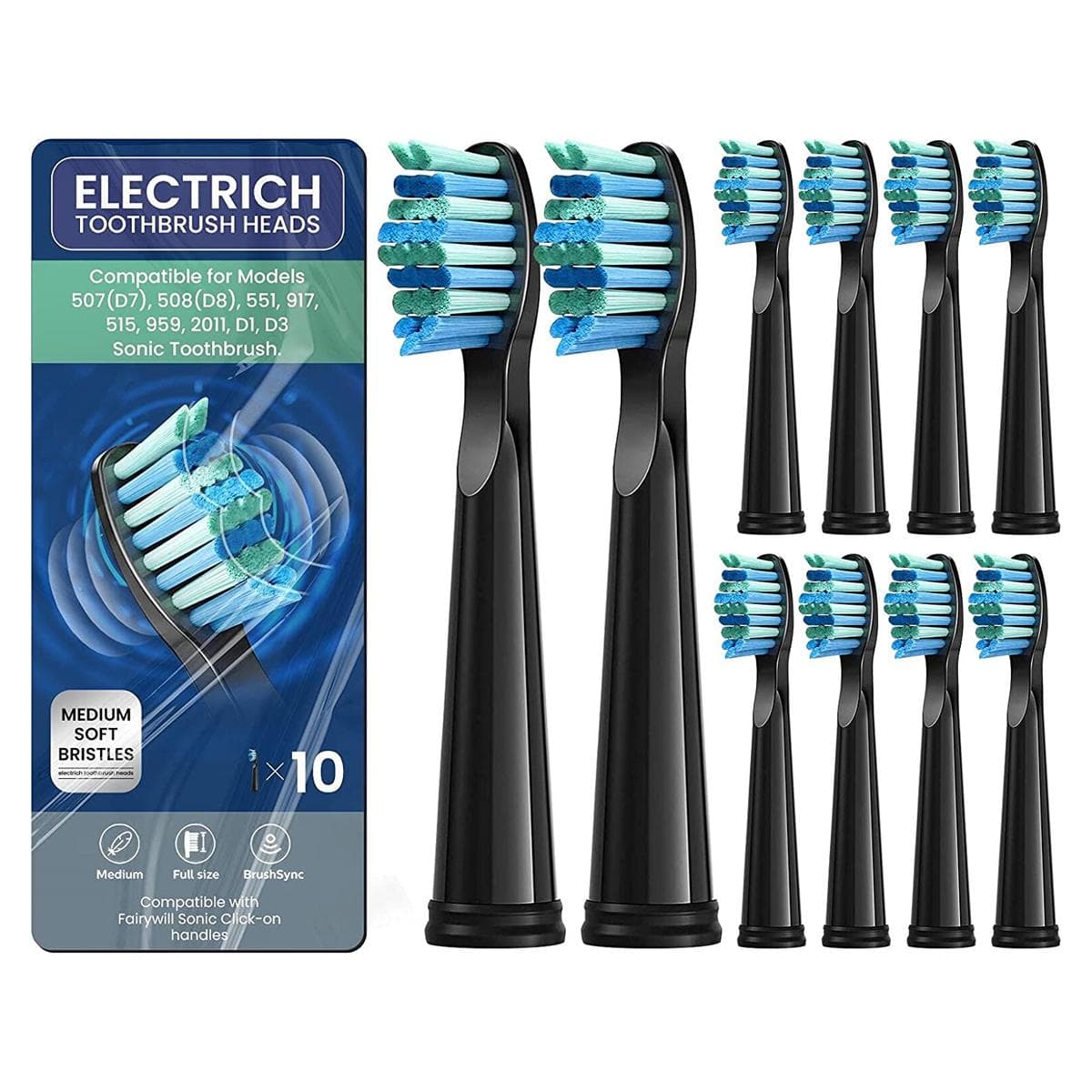 10pcs Electric Toothbrush Replacement Heads Work For Fairywill Electric Toothbrush FW-507 FW-508 515 FW-515 FW-551 YUNCHI Y1 black