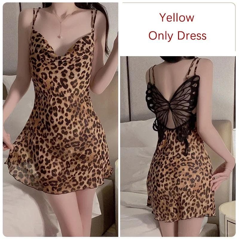 Sexy Lingerie Women's Leopard Print Butterfly Pattern Pajamas Women's Suspender Nightgown XL