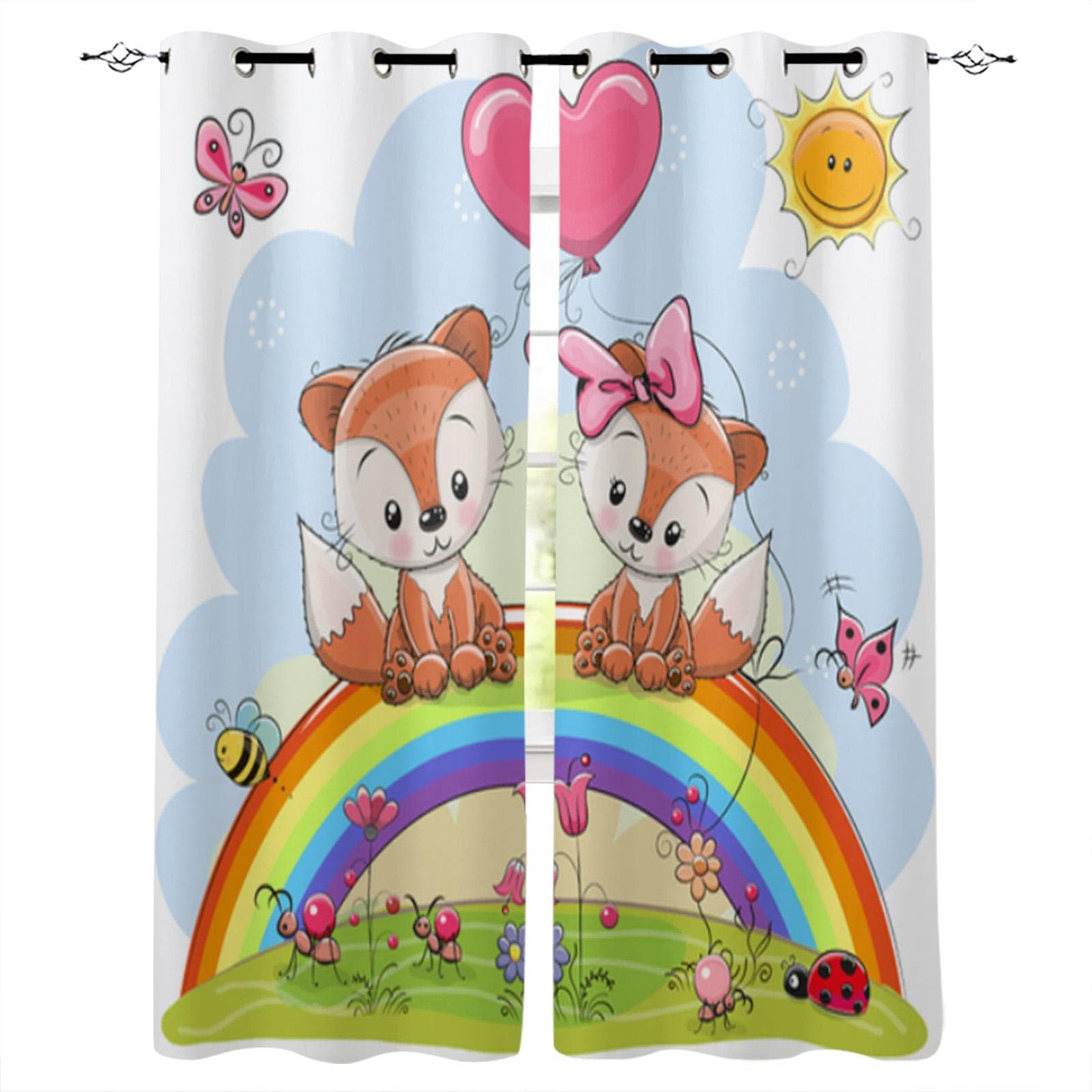 Cartoon Forest Animal Tree Fox Bear Rabbit Child Window Curtains Curtains for Living Room Decorative Items Living Room 135W x 92H(cm)
