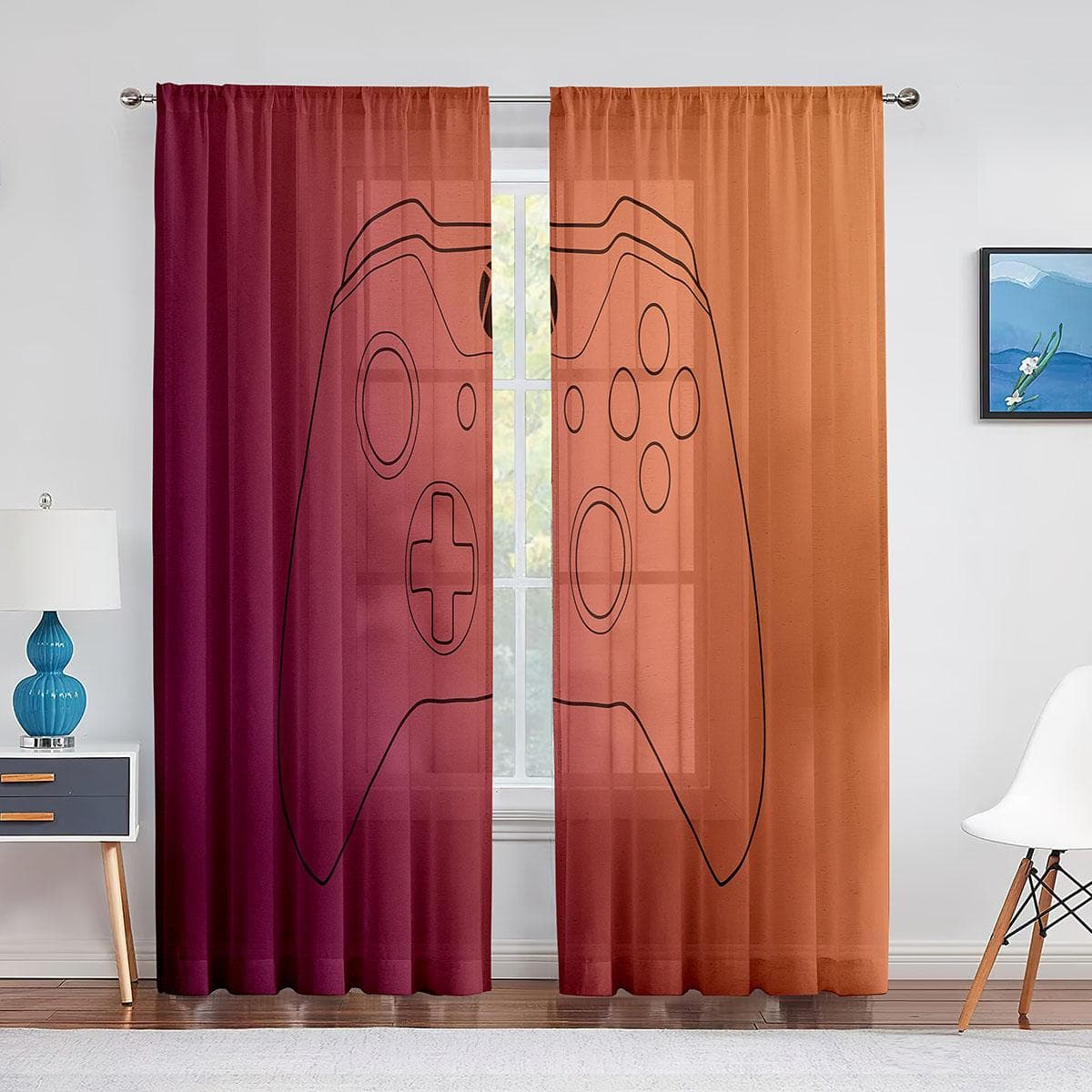 Boys Gamer Tulle Curtains for Living Room Decor Gaming Controller Video Game for Kids Sheer Voile Curtain Window Drapes Blinds 1 PCS W300XH250cm&Rod Pocket