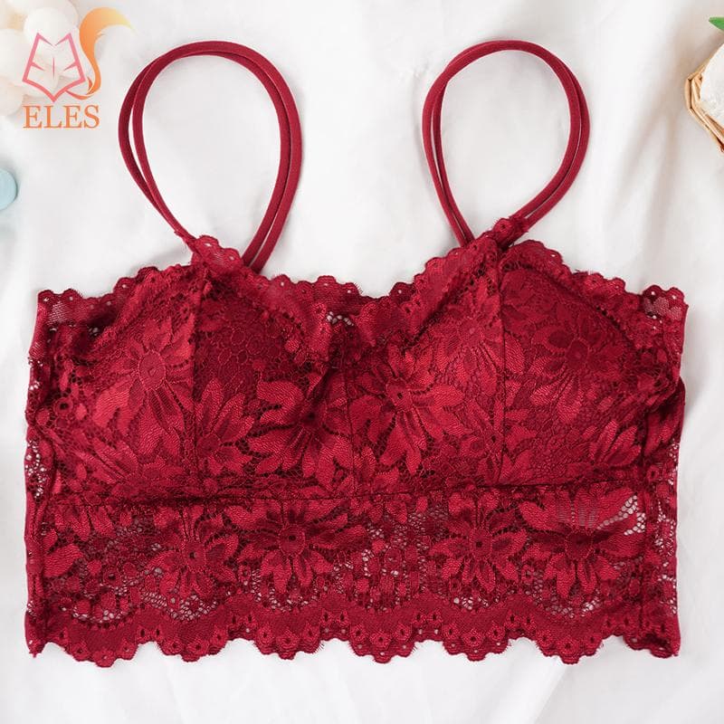 Women Lace Flower Bra Double Strap Backless Tank Top Vest No Restraint Breathable Underwear M/L red
