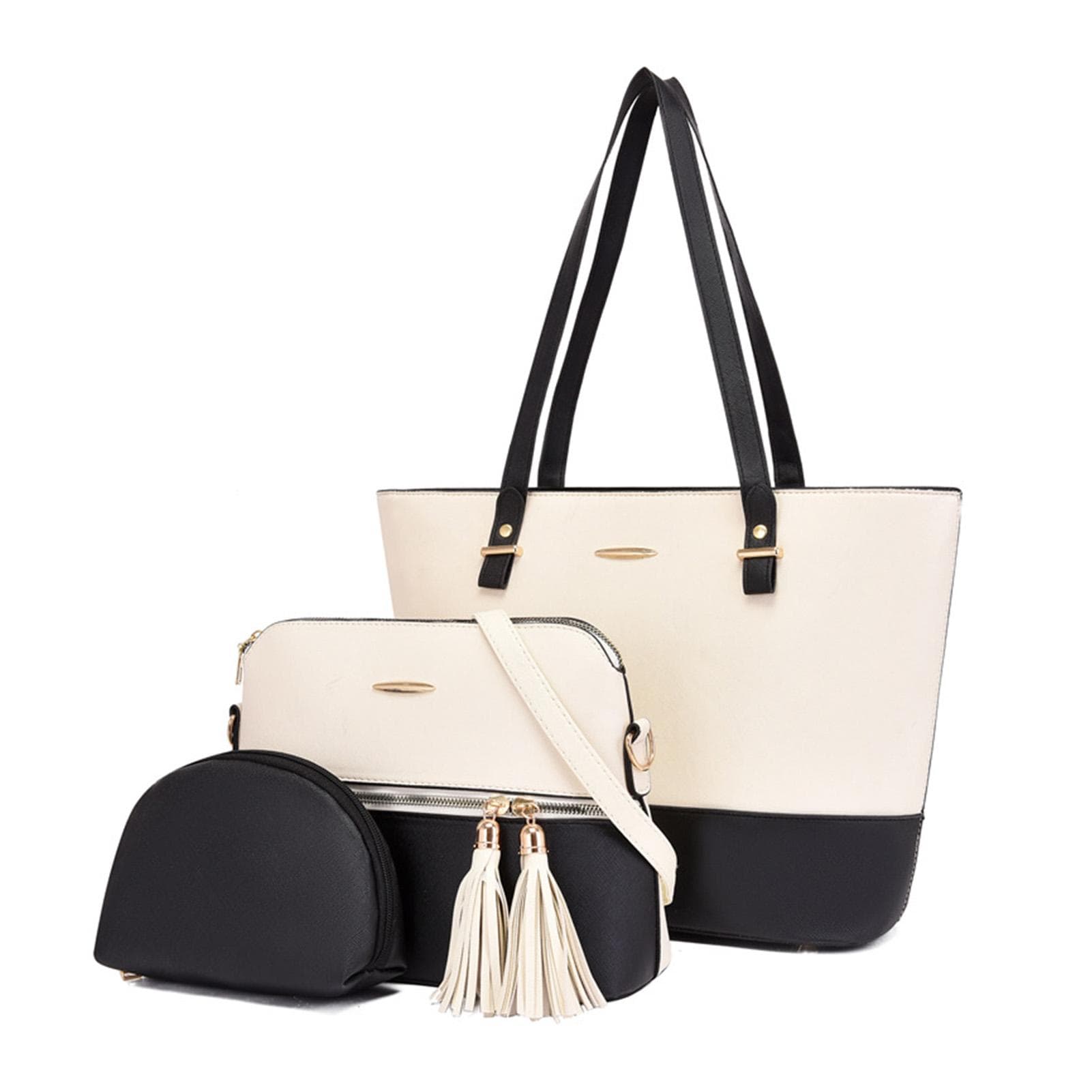Women Bucket Bag Set Color Block Storage Soft PU Leather Bucket Bag Purse Set for Dating White One Size