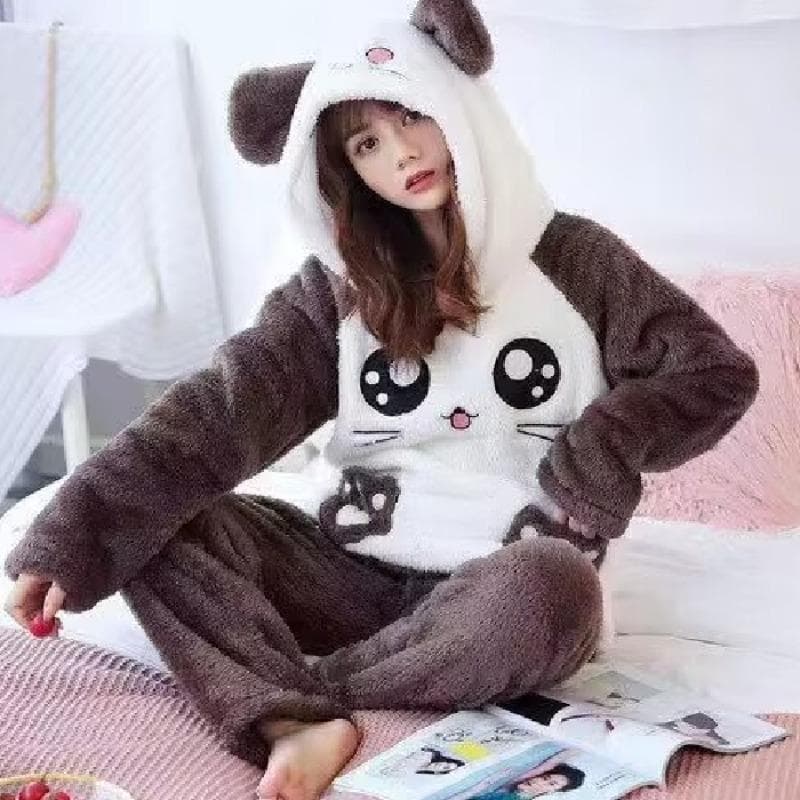 New  Warm Women Pajamas Thickening Hooded Long Sleeve Women 2 Piece Outfit Set Cute Printing Women Home Clothes M white