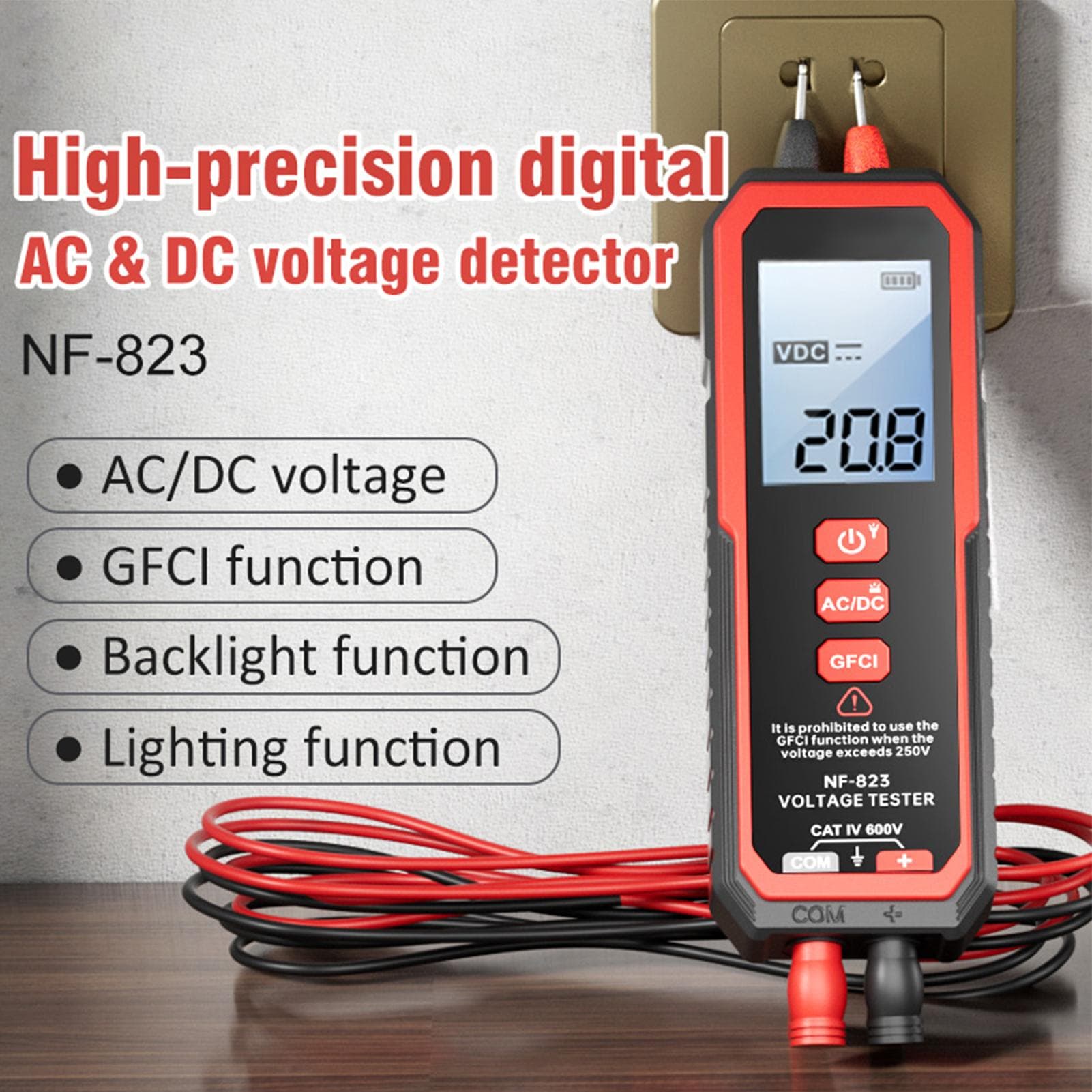 Digital ACDC Voltage Detector with GFCI, LED Display Screen, LED Lights, and High Accuracy
