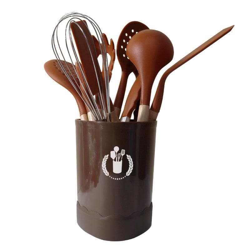 Wooden Handle Silicone Cookware 11-piece Spatula Spoon Non-stick Pan High Temperature Resistant Home Kitchen Tools Set Triangle Bucket brown