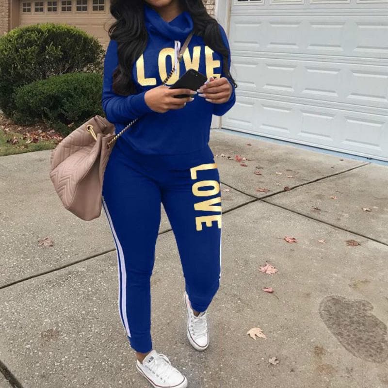 Women Two Pieces Clothes Long Sleeve Sweater Pant Casual Sportswear Suits XL blue
