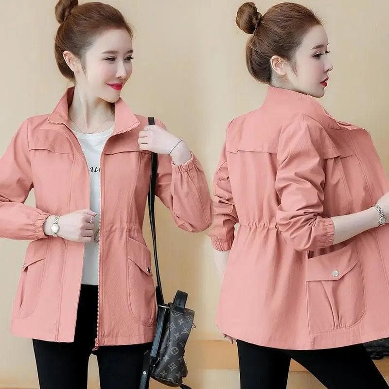 Women's Short Jacket Spring and Autumn Versatile Plus Size Jacket Solid Color Loose Waist Jacket Top M pink