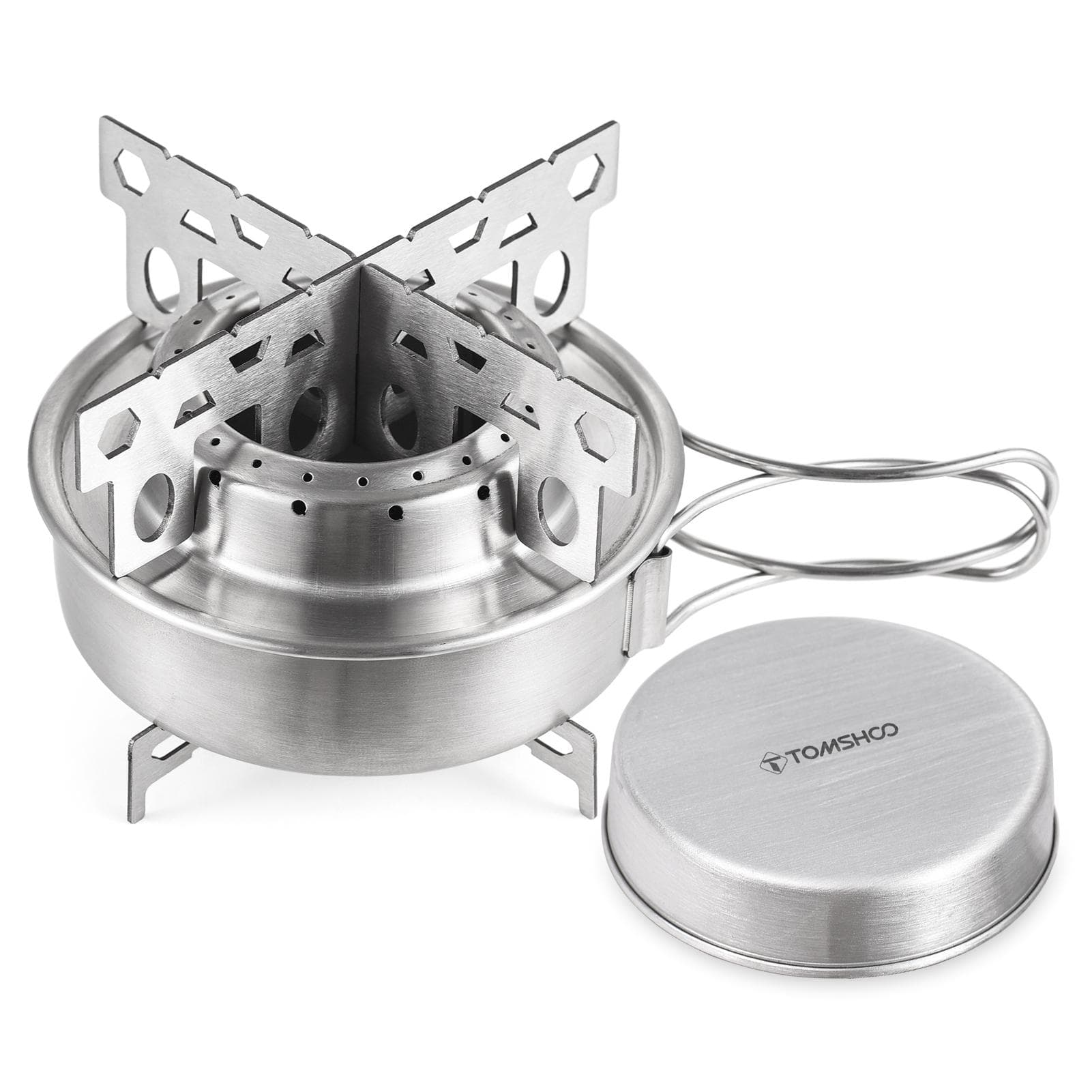 TOMSHOO Camping Alcohol Stove with Cross Stand and Lid Portable Outdoor Stainless Steel Alcohol silver