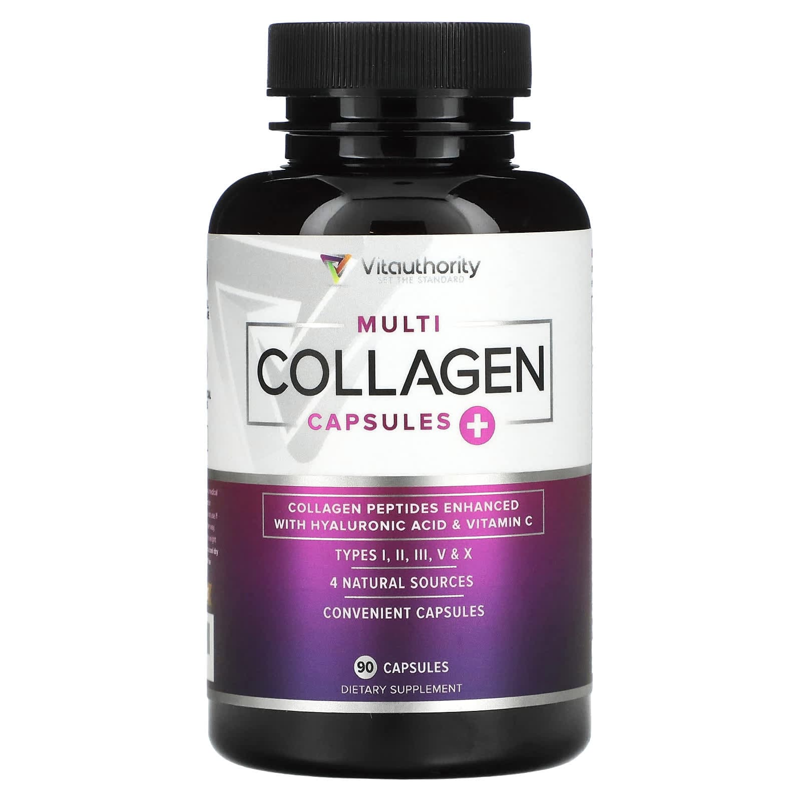 Vitauthority, multi collagen capsule plus, vitamin C, hyaluronic acid, tasteless, 90 capsules