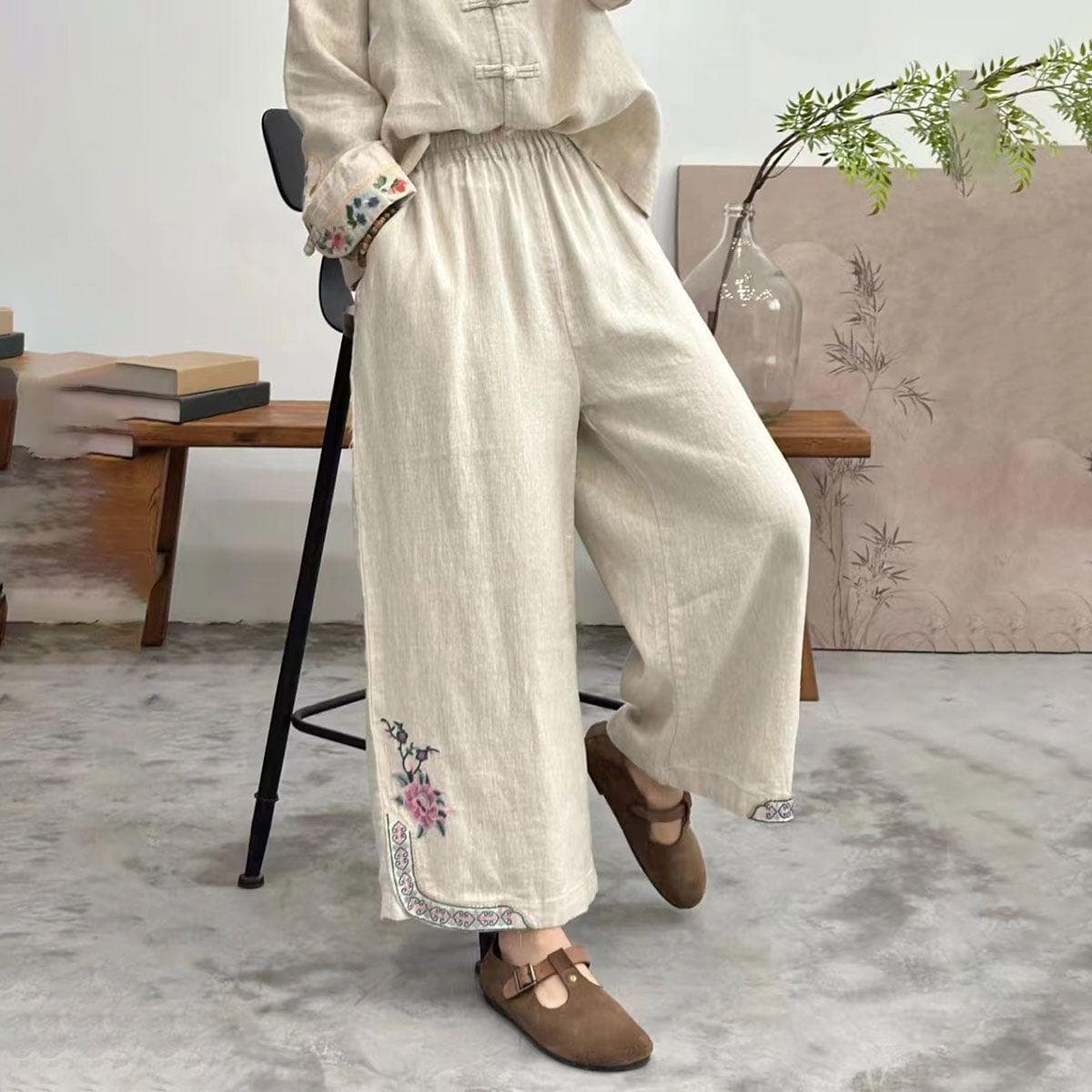 Cropped Pants In Summer New Style Embroidered Wide-leg Straight-tube Literary Retro Ethnic Loose Versatile Slim Casual Pants 5XL