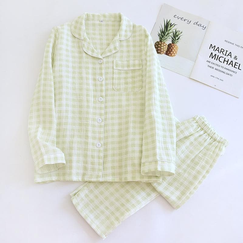 New Spring Couple Pajamas Set 100% Cotton Long-sleeved Trousers Two-piece Plaid Men's and Women's Home Clothes M