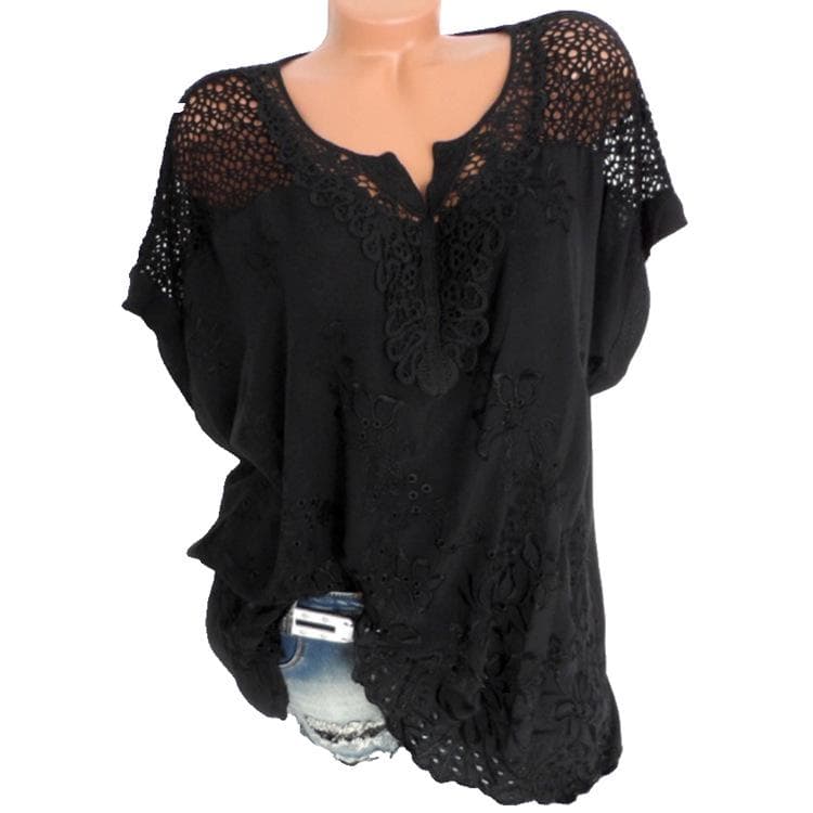 Fashion Women's Lace V-neck Embroidered Short Sleeve T-Shirt M black