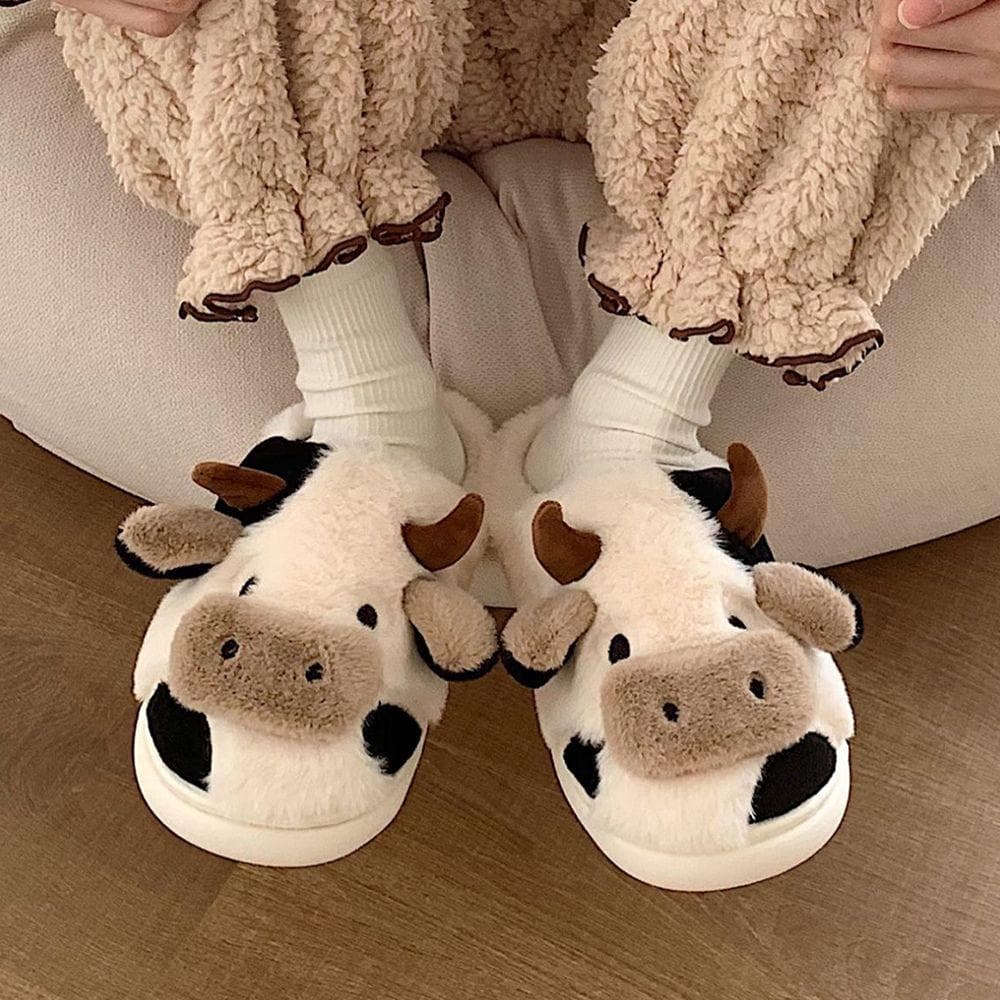 1Pair Cartoon Non-Slip Cute Cold Protection Cow Cotton Slippers Keep Warm Plush Shoes Slippers 38-39