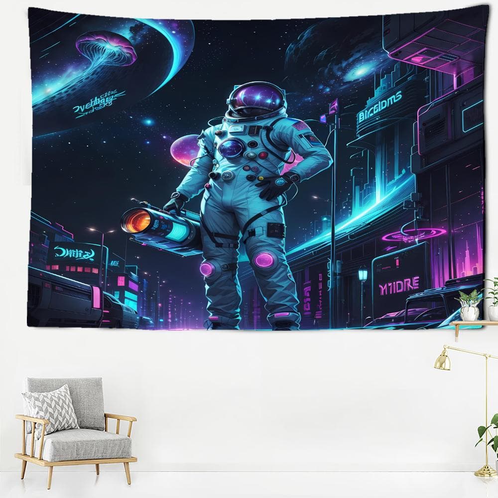 Neon Street Astronaut Tapestry Wall Hanging Psychedelic Minimalist Art Hippie Tapiz Mysterious Home Decor Background Fabric 95x70CM