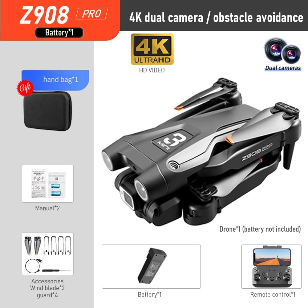 2023 New Z908 Pro Drone 4K HD Professional  ESC Dual Camera Optical Flow Positioning Windproof 2.4G WIFi Obstacle Avoidance Quadcopter Dual 4K 1B Black