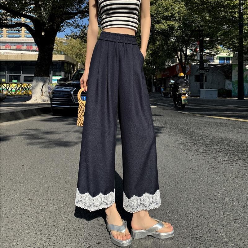 All-match Lace Wide-leg Pants for Women In Spring New High-waisted Slim Straight-leg Casual Pants 2XL