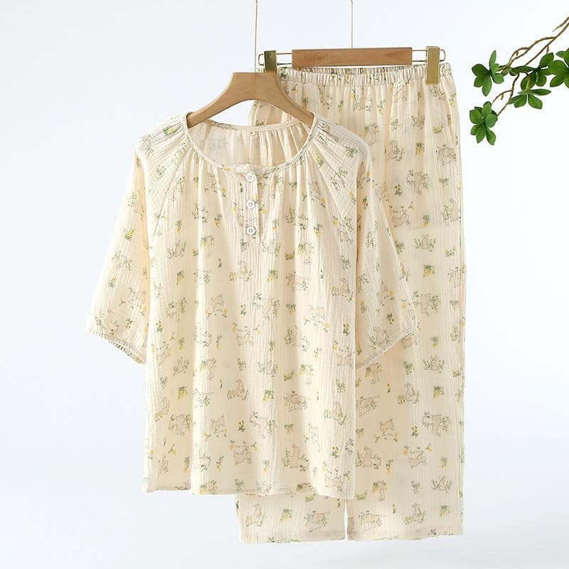 New Women's Spring/Summer Women's Pure Cotton Pajama Set Flower Print Short Sleeves+Capris Two Piece Sweet Home Furnishings XL